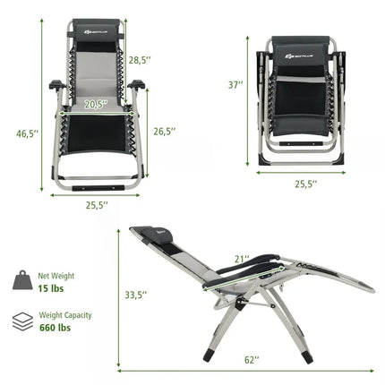 2 Pieces Padded Adjustable Folding Zero Gravity Reclining Lounge Chair-Black - Black - Outdoor Seating & Patio Chairs