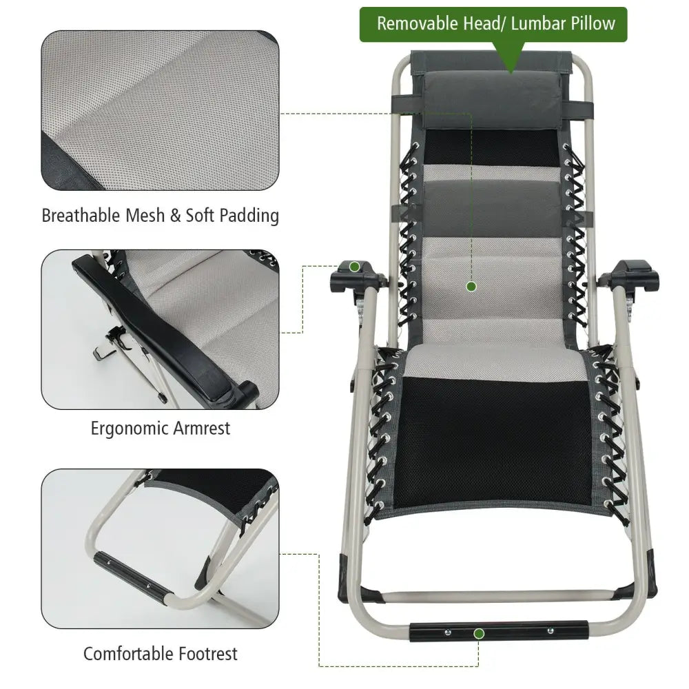 2 Pieces Padded Adjustable Folding Zero Gravity Reclining Lounge Chair-Black - Black - Outdoor Seating & Patio Chairs