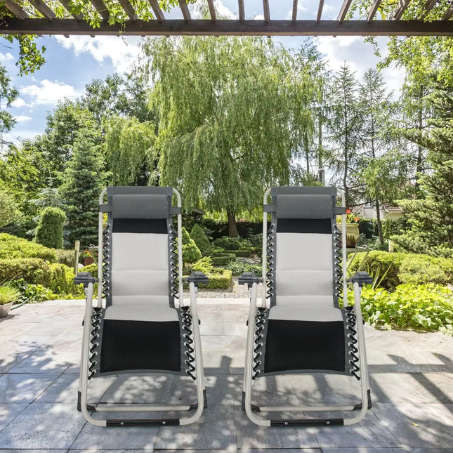 2 Pieces Padded Adjustable Folding Zero Gravity Reclining Lounge Chair-Black - Black - Outdoor Seating & Patio Chairs