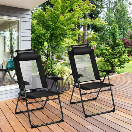 2 Pieces Patio Adjustable Folding Recliner Chairs with 7 Level Adjustable Backrest-Black - Black - Beach & Lawn Chairs