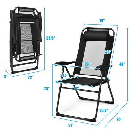 2 Pieces Patio Adjustable Folding Recliner Chairs with 7 Level Adjustable Backrest-Black - Black - Beach & Lawn Chairs