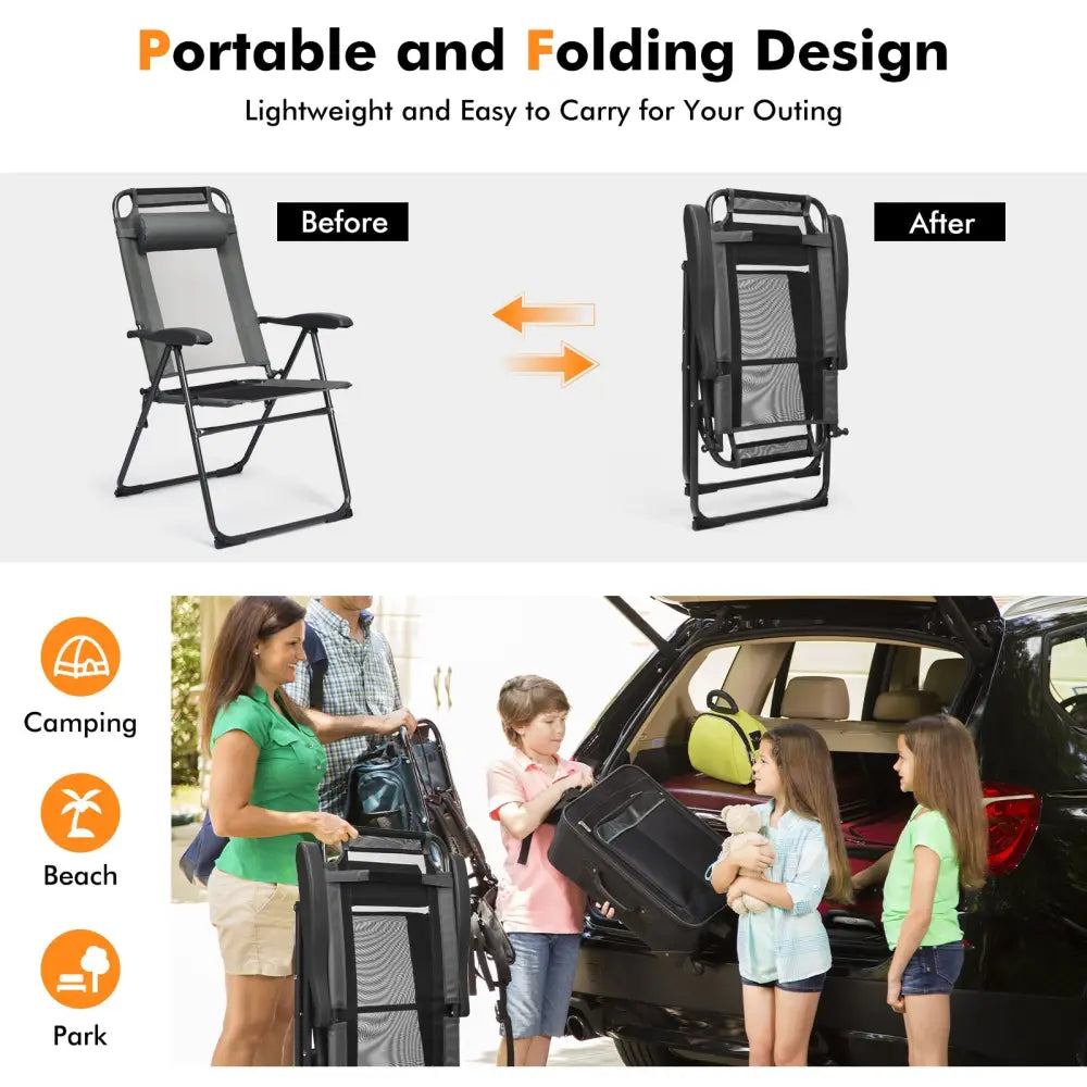 2 Pieces Patio Adjustable Folding Recliner Chairs with 7 Level Adjustable Backrest-Gray - Gray - Beach & Lawn Chairs