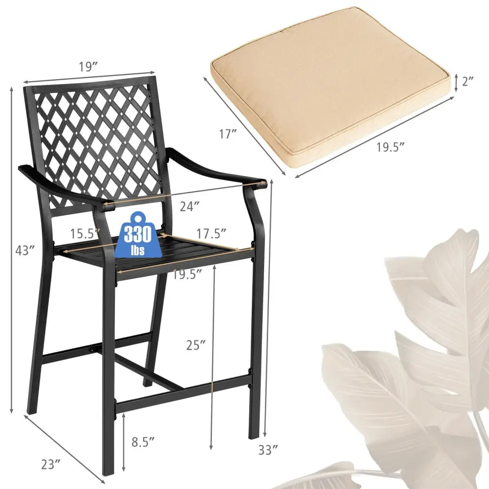 2 Pieces Patio Bar Stool with Height Cushion and Armrest - Black - Patio Bar Furniture