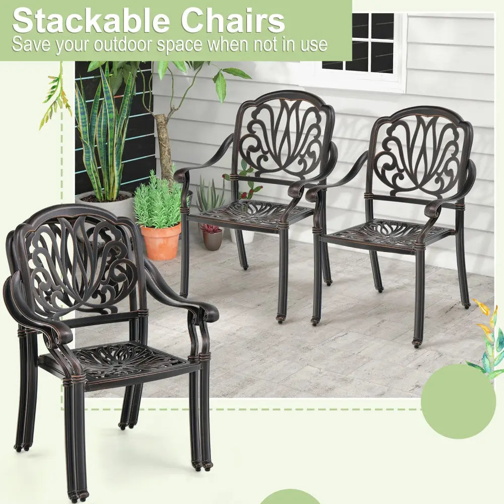 2 Pieces Patio Cast Aluminum Dining Chairs with Armrests-Bronze - Bronze - Patio Dining Chairs
