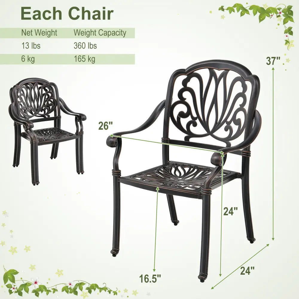 2 Pieces Patio Cast Aluminum Dining Chairs with Armrests-Bronze - Bronze - Patio Dining Chairs