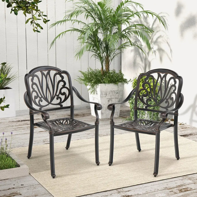 2 Pieces Patio Cast Aluminum Dining Chairs with Armrests-Bronze - Bronze - Patio Dining Chairs
