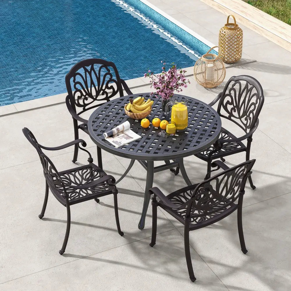 2 Pieces Patio Cast Aluminum Dining Chairs with Armrests-Bronze - Bronze - Patio Dining Chairs