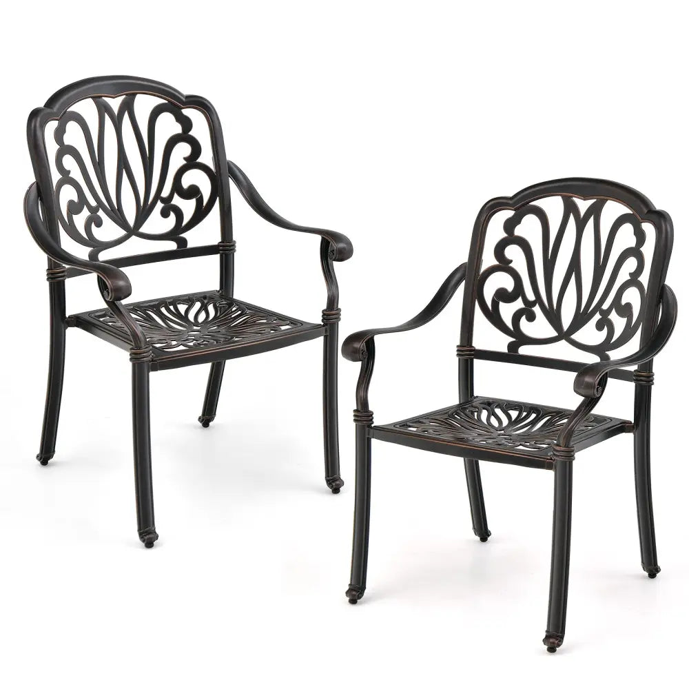 2 Pieces Patio Cast Aluminum Dining Chairs with Armrests-Bronze - Bronze - Patio Dining Chairs