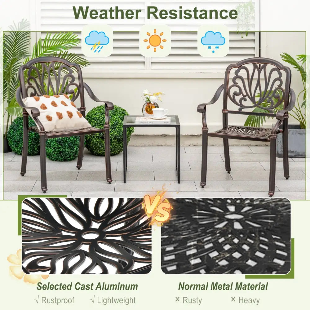 2 Pieces Patio Cast Aluminum Dining Chairs with Armrests-Bronze - Bronze - Patio Dining Chairs