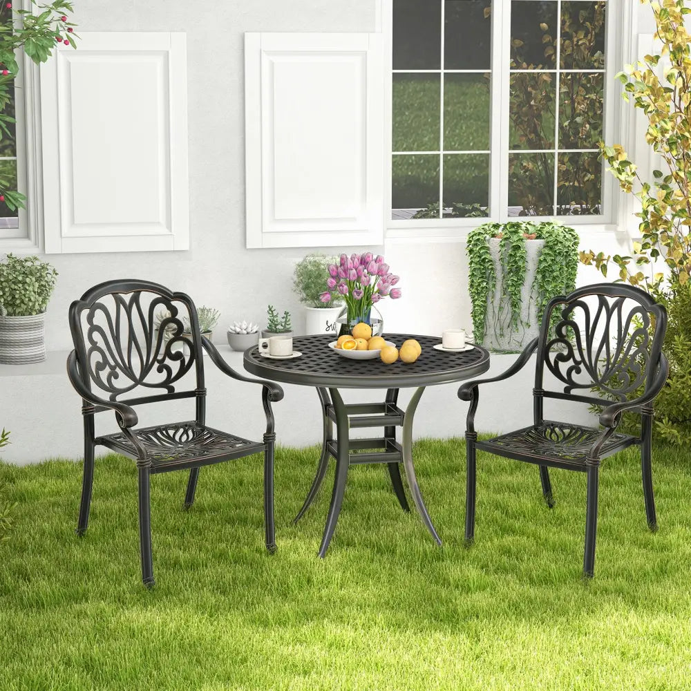 2 Pieces Patio Cast Aluminum Dining Chairs with Armrests-Bronze - Bronze - Patio Dining Chairs