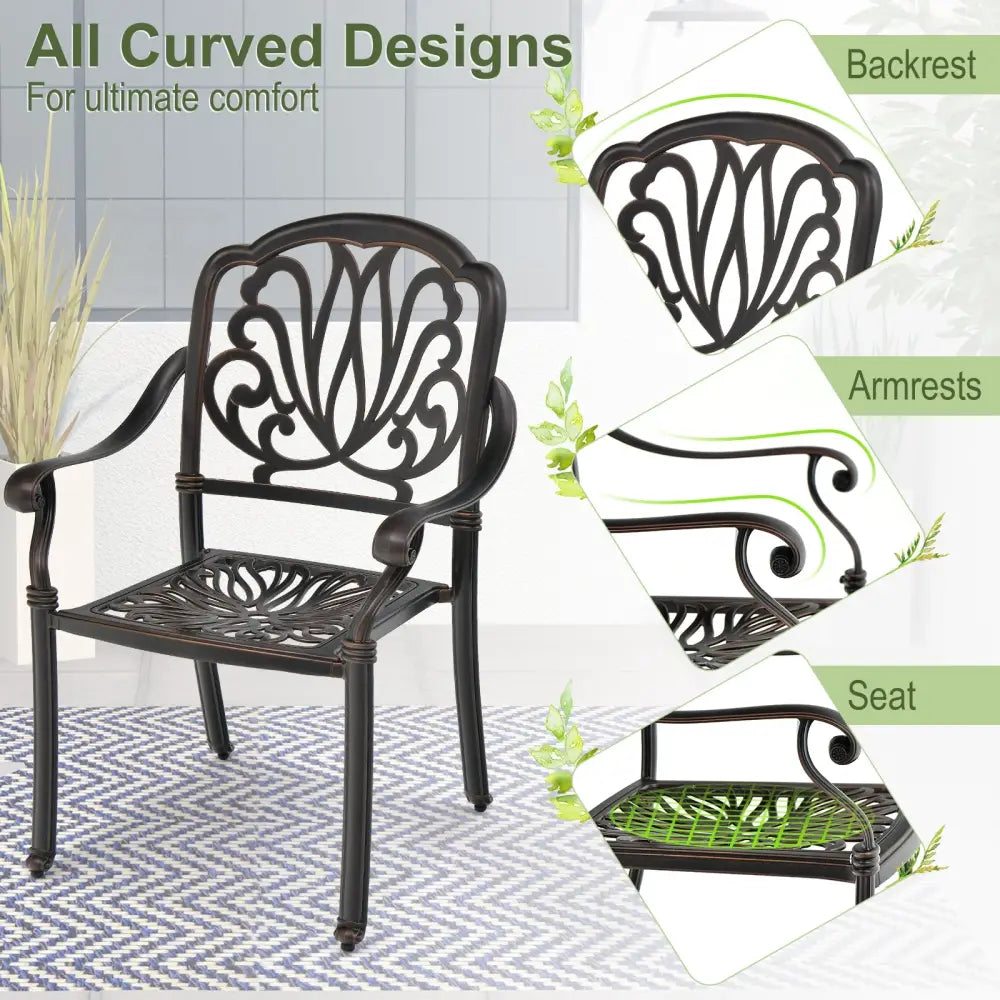 2 Pieces Patio Cast Aluminum Dining Chairs with Armrests-Bronze - Bronze - Patio Dining Chairs
