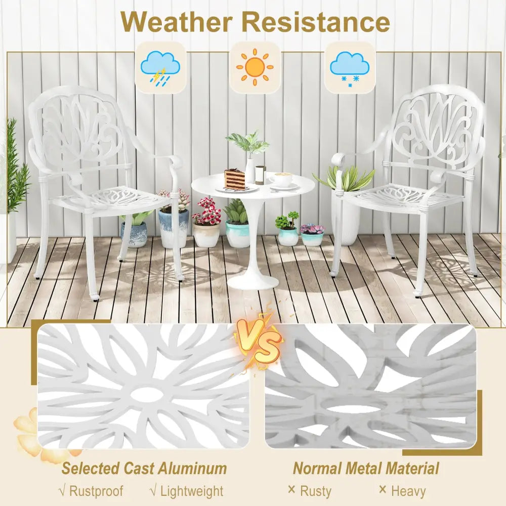 2 Pieces Patio Cast Aluminum Dining Chairs with Armrests-White - White - Patio Dining Chairs