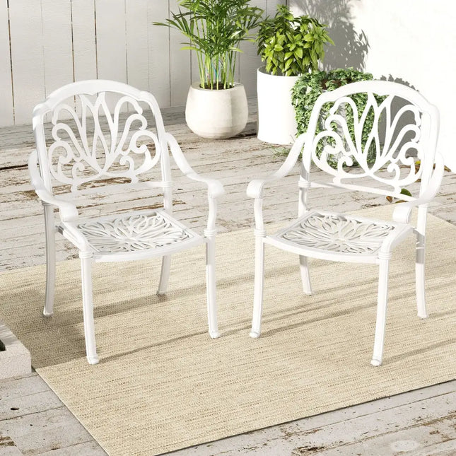 2 Pieces Patio Cast Aluminum Dining Chairs with Armrests-White - White - Patio Dining Chairs