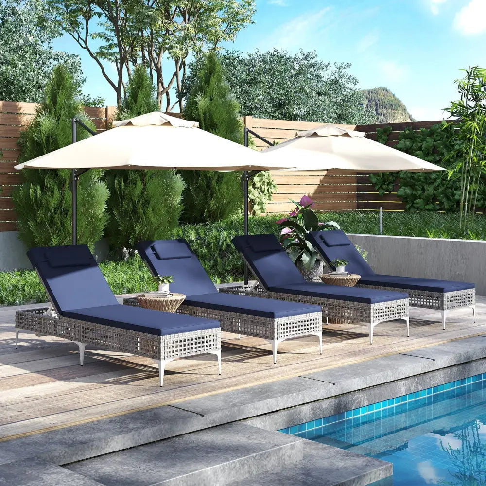 2 Pieces Patio Chaise Lounge Chair with 6-Level Adjustable Backrest and Headrest for Poolside-Navy - Navy - Outdoor
