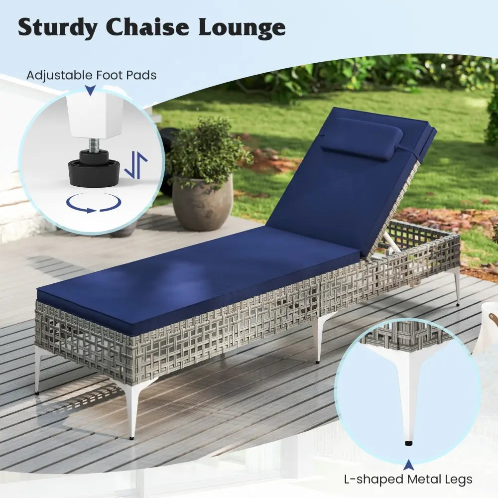 2 Pieces Patio Chaise Lounge Chair with 6-Level Adjustable Backrest and Headrest for Poolside-Navy - Navy - Outdoor