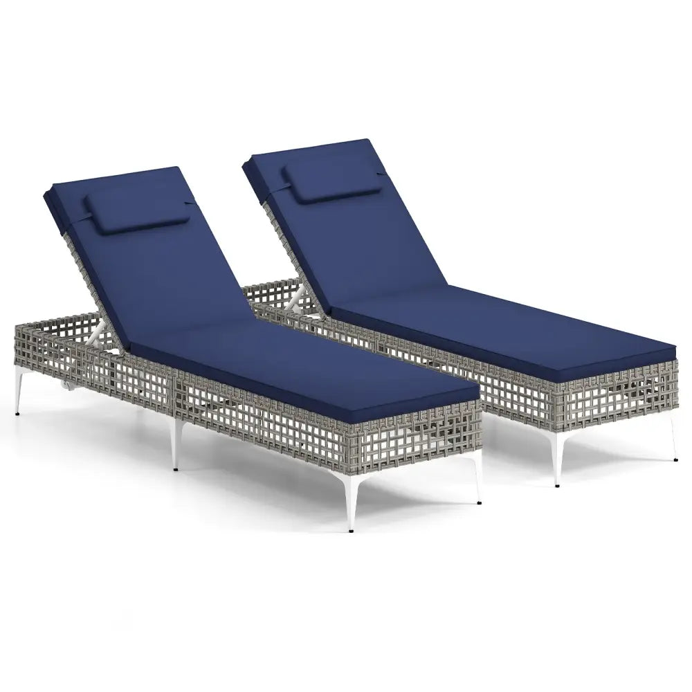 2 Pieces Patio Chaise Lounge Chair with 6-Level Adjustable Backrest and Headrest for Poolside-Navy - Navy - Outdoor