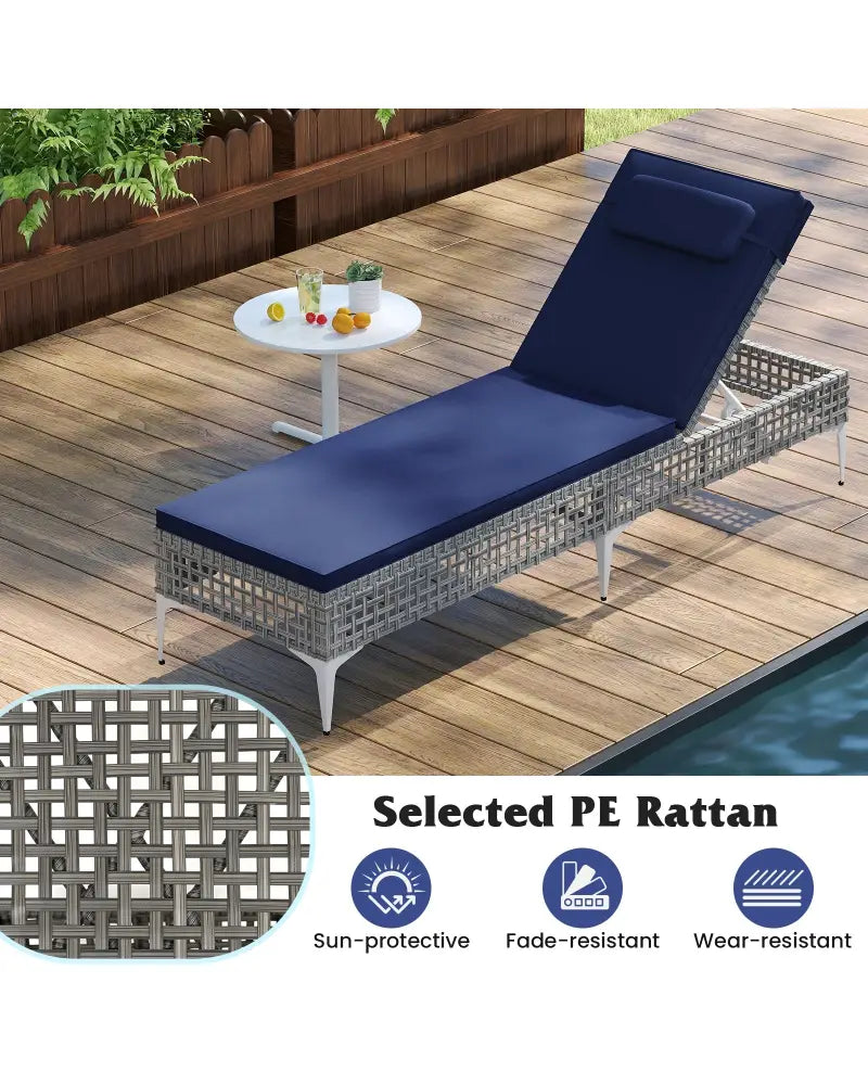 2 Pieces Patio Chaise Lounge Chair with 6-Level Adjustable Backrest and Headrest for Poolside-Navy - Navy - Outdoor