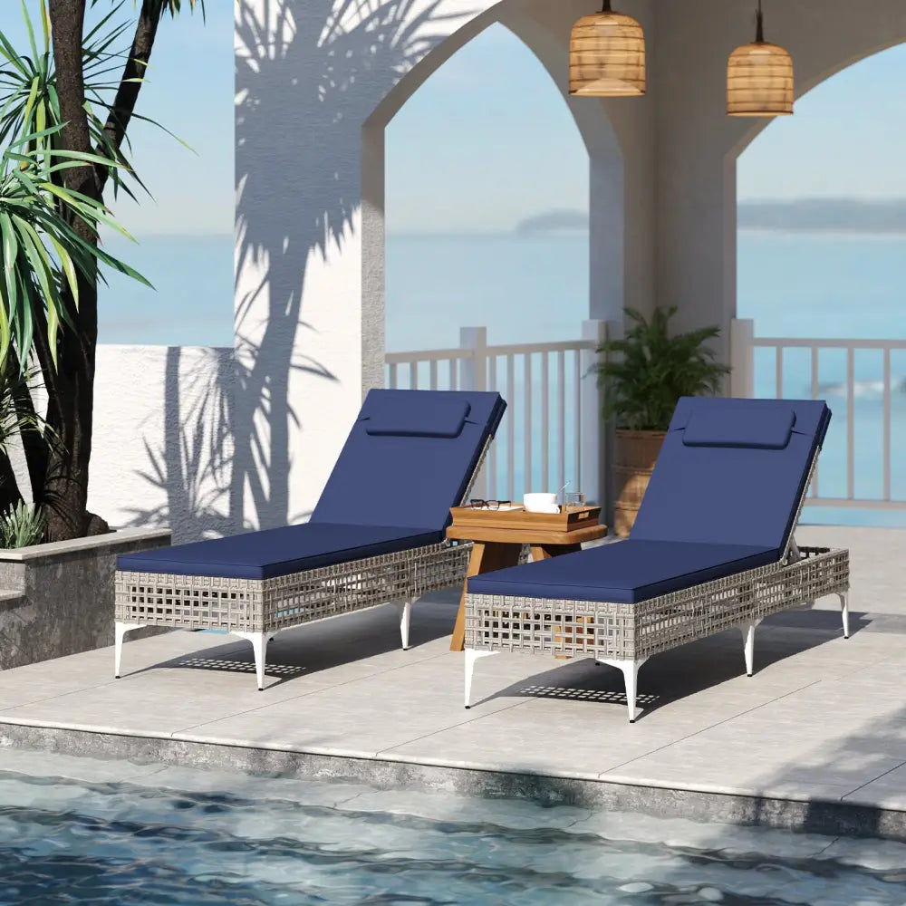 2 Pieces Patio Chaise Lounge Chair with 6-Level Adjustable Backrest and Headrest for Poolside-Navy - Navy - Outdoor