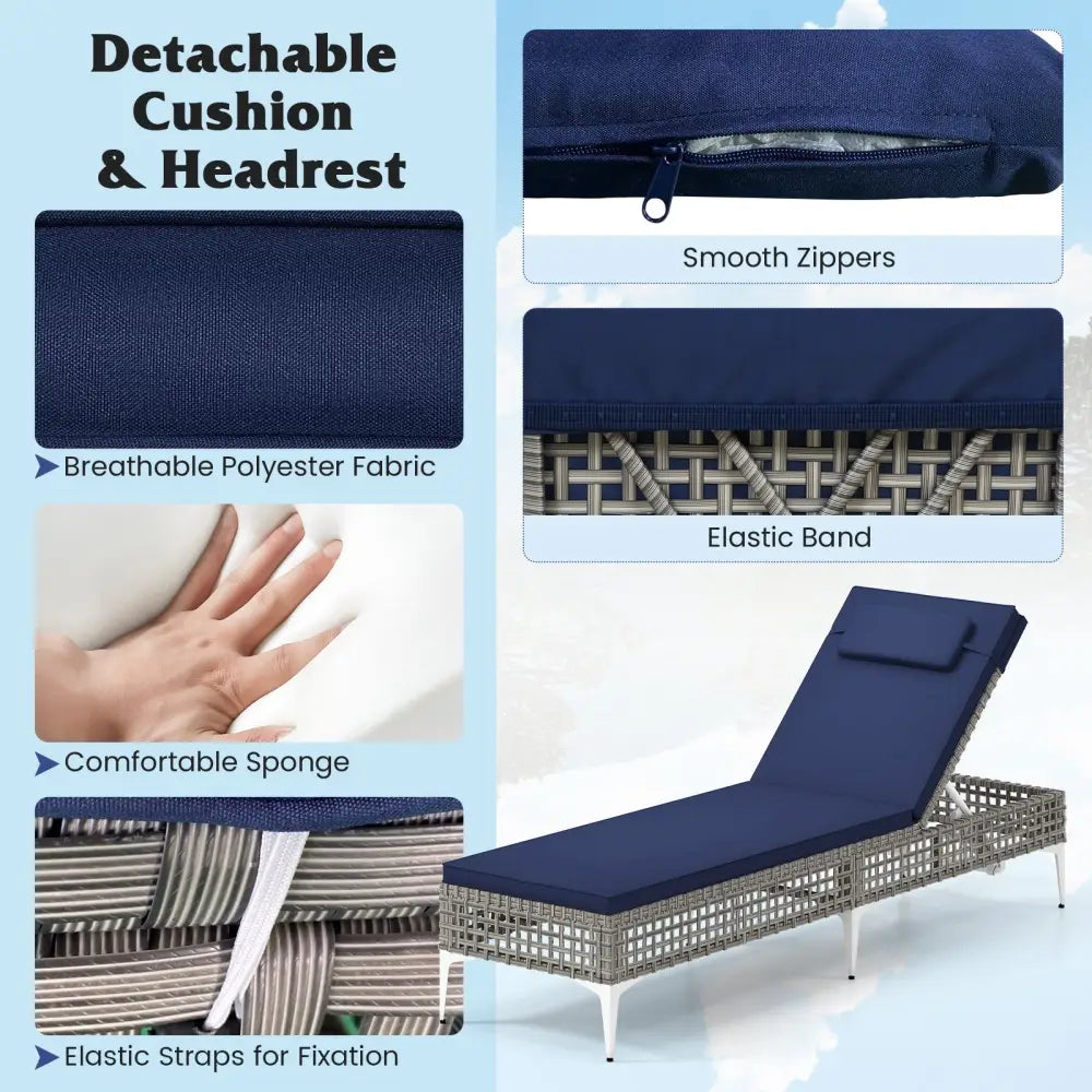 2 Pieces Patio Chaise Lounge Chair with 6-Level Adjustable Backrest and Headrest for Poolside-Navy - Navy - Outdoor