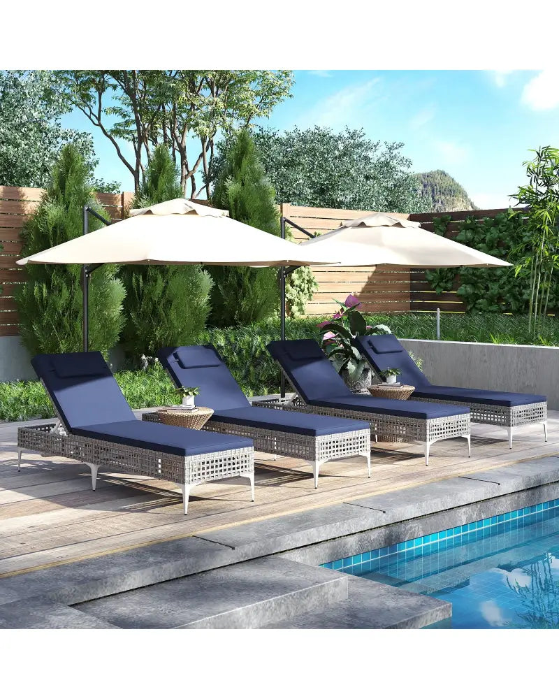 2 Pieces Patio Chaise Lounge Chair with 6-Level Adjustable Backrest and Headrest for Poolside-Navy - Navy - Outdoor