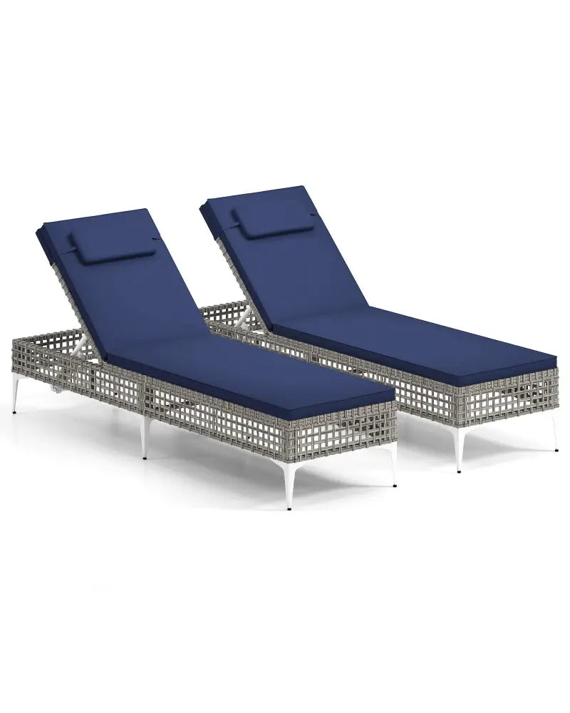 2 Pieces Patio Chaise Lounge Chair with 6-Level Adjustable Backrest and Headrest for Poolside-Navy - Navy - Outdoor