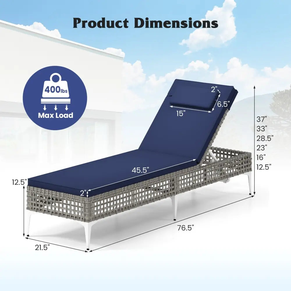 2 Pieces Patio Chaise Lounge Chair with 6-Level Adjustable Backrest and Headrest for Poolside-Navy - Navy - Outdoor