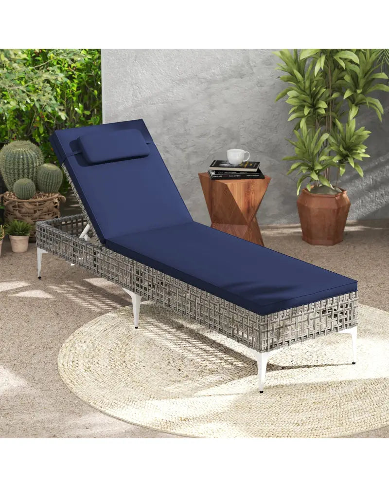 2 Pieces Patio Chaise Lounge Chair with 6-Level Adjustable Backrest and Headrest for Poolside-Navy - Navy - Outdoor