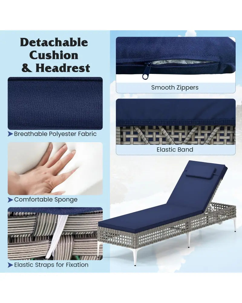 2 Pieces Patio Chaise Lounge Chair with 6-Level Adjustable Backrest and Headrest for Poolside-Navy - Navy - Outdoor