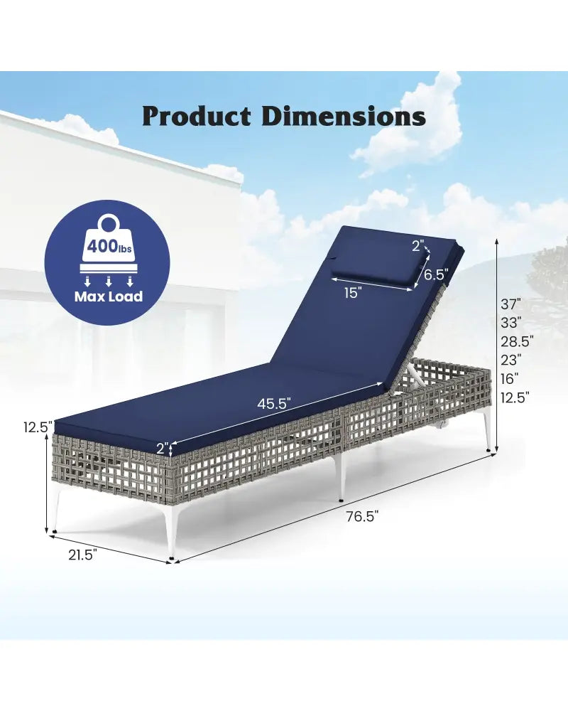 2 Pieces Patio Chaise Lounge Chair with 6-Level Adjustable Backrest and Headrest for Poolside-Navy - Navy - Outdoor