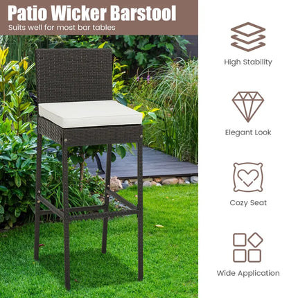 2 Pieces Patio Cushioned Wicker Barstools with Cozy Footrest-Set of 2 - Off White - Patio Bar Furniture