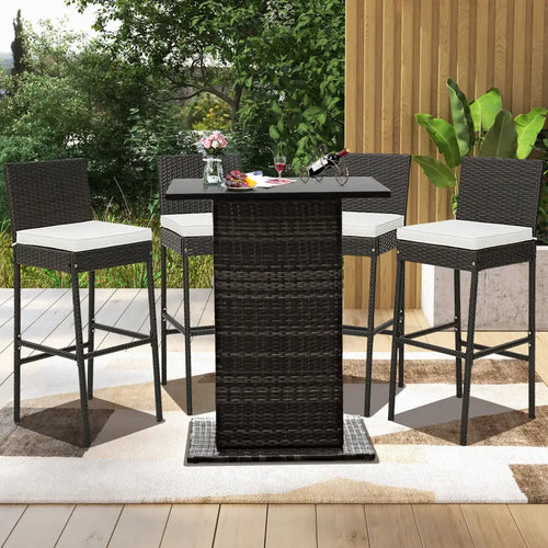 2 Pieces Patio Cushioned Wicker Barstools with Cozy Footrest-Set of 2 - Off White - Patio Bar Furniture