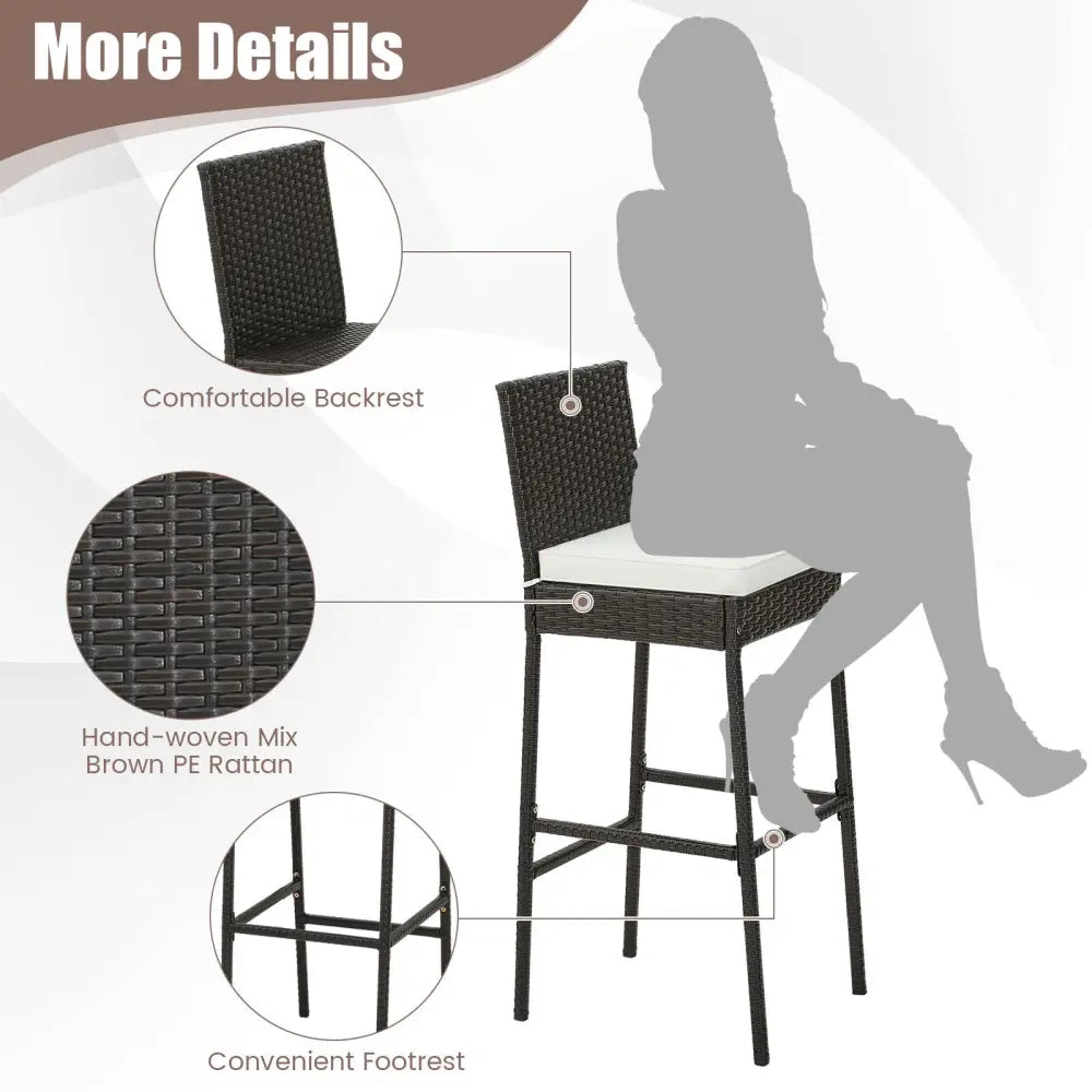 2 Pieces Patio Cushioned Wicker Barstools with Cozy Footrest-Set of 2 - Off White - Patio Bar Furniture