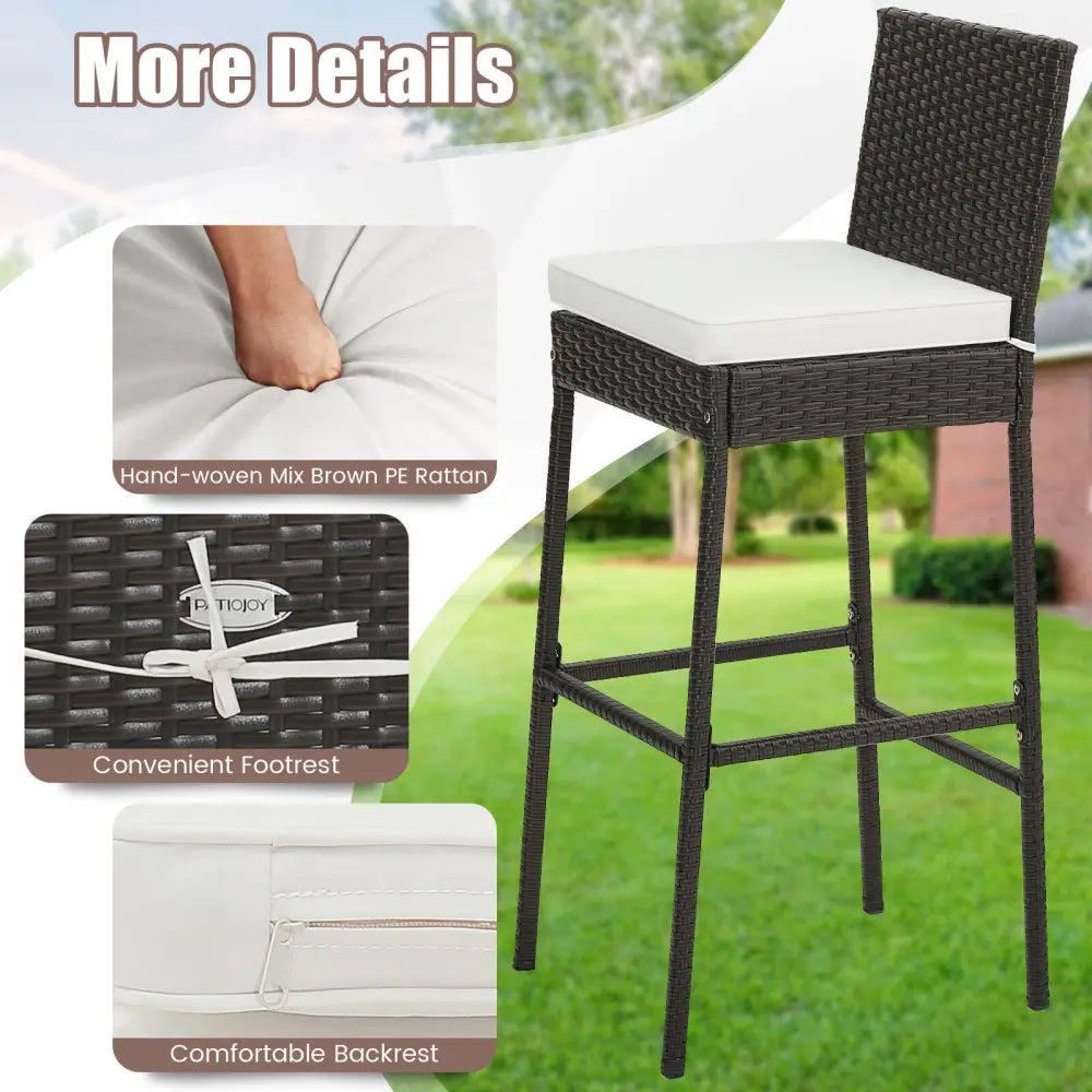 2 Pieces Patio Cushioned Wicker Barstools with Cozy Footrest-Set of 2 - Off White - Patio Bar Furniture
