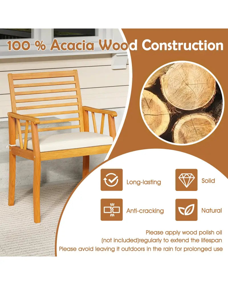 2 Pieces Patio Dining Chairs Outdoor Acacia Wood Armchairs Bistro Conversation Furniture-White - White - Patio Dining
