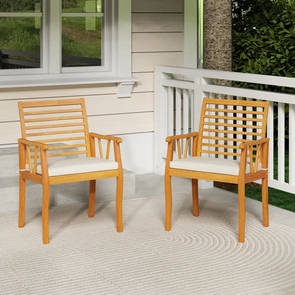 2 Pieces Patio Dining Chairs Outdoor Acacia Wood Armchairs Bistro Conversation Furniture-White - White - Patio Dining