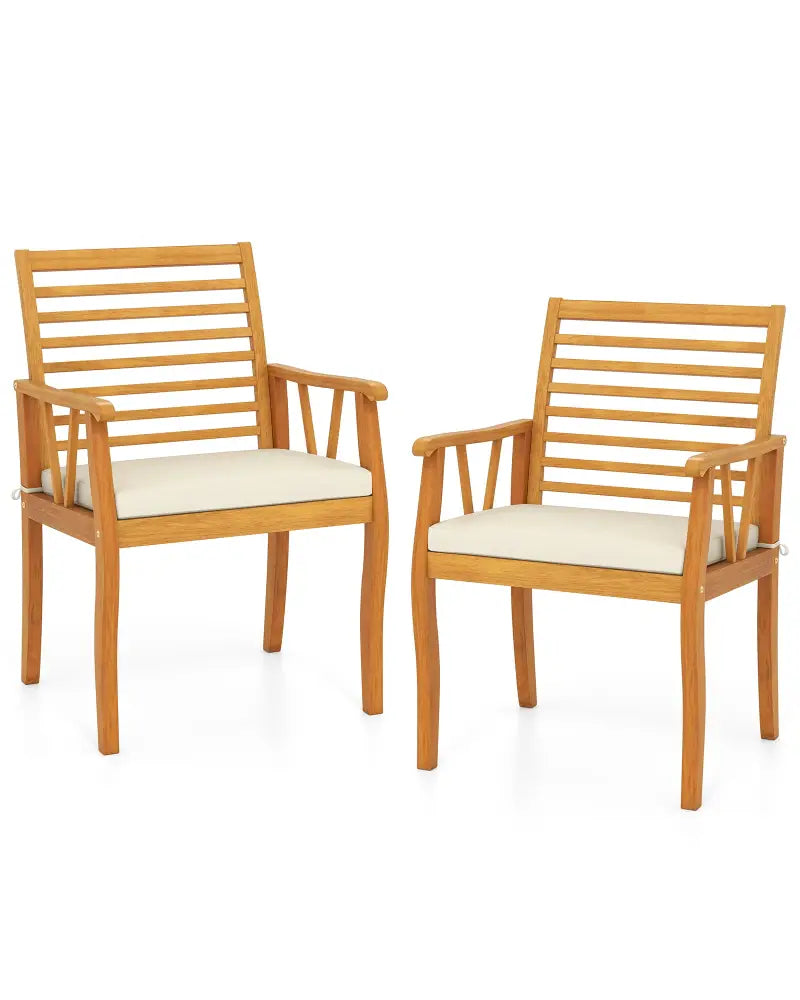 2 Pieces Patio Dining Chairs Outdoor Acacia Wood Armchairs Bistro Conversation Furniture-White - White - Patio Dining