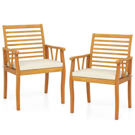 2 Pieces Patio Dining Chairs Outdoor Acacia Wood Armchairs Bistro Conversation Furniture-White - White - Patio Dining