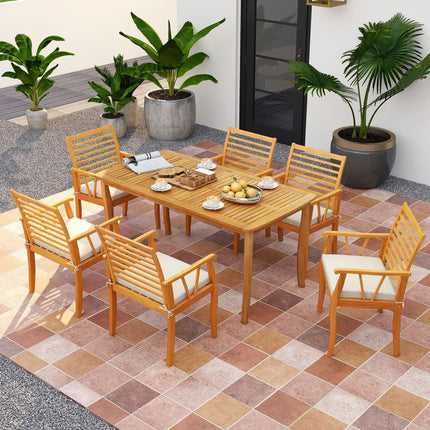2 Pieces Patio Dining Chairs Outdoor Acacia Wood Armchairs Bistro Conversation Furniture-White - White - Patio Dining