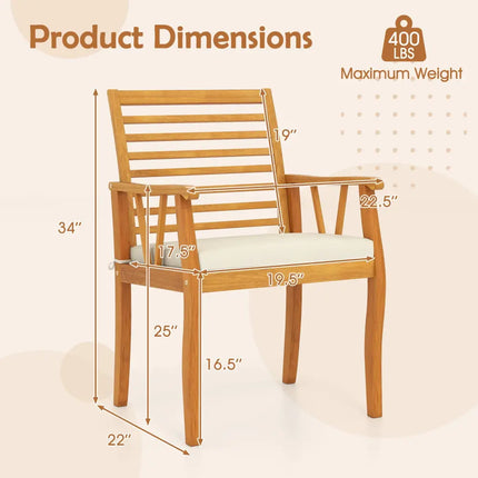 2 Pieces Patio Dining Chairs Outdoor Acacia Wood Armchairs Bistro Conversation Furniture-White - White - Patio Dining