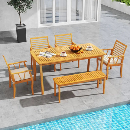 2 Pieces Patio Dining Chairs Outdoor Acacia Wood Armchairs Bistro Conversation Furniture-White - White - Patio Dining