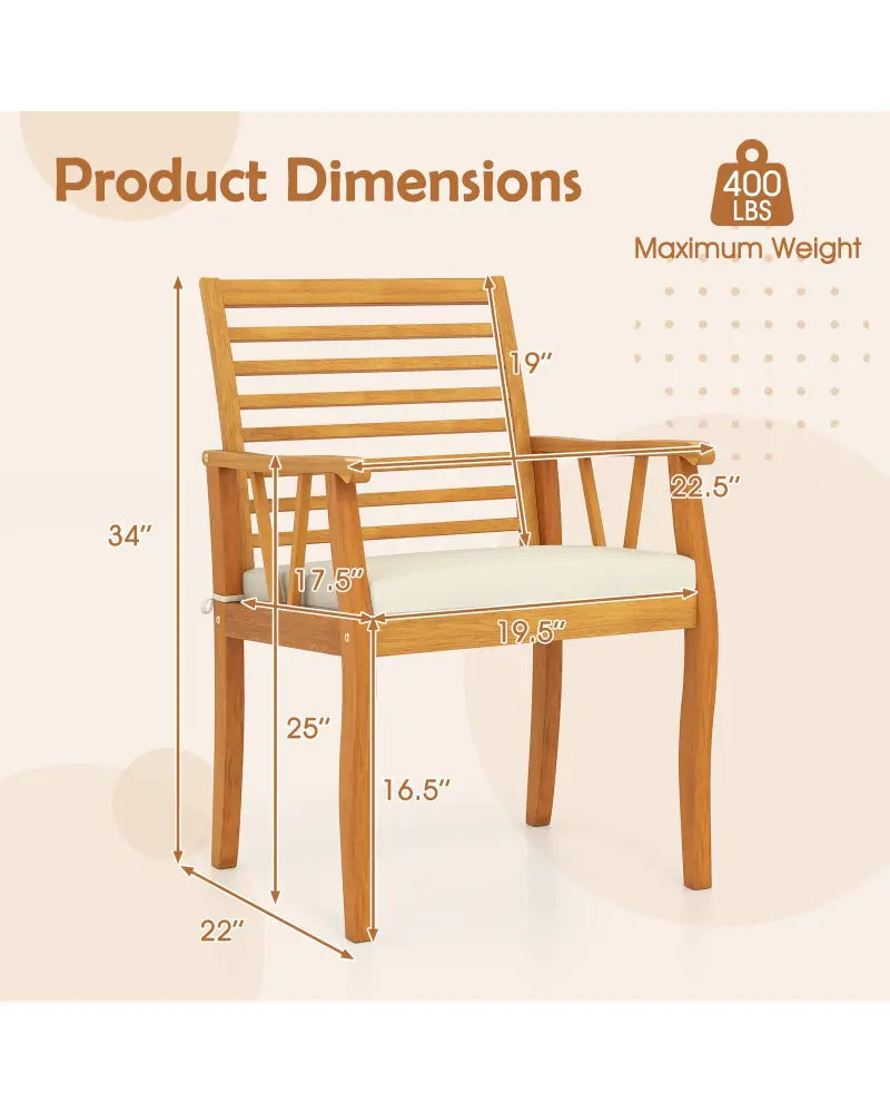 2 Pieces Patio Dining Chairs Outdoor Acacia Wood Armchairs Bistro Conversation Furniture-White - White - Patio Dining