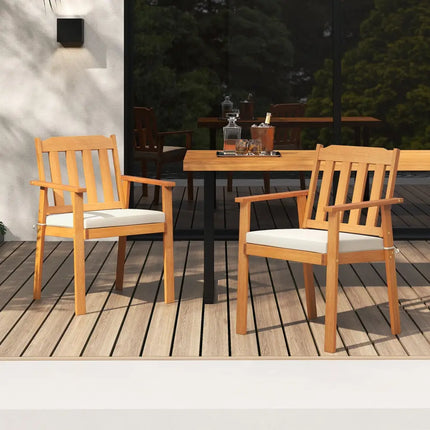 2 Pieces Patio Dining Chairs Outdoor Acacia Wood Chairs-White - White - Patio Dining Chairs