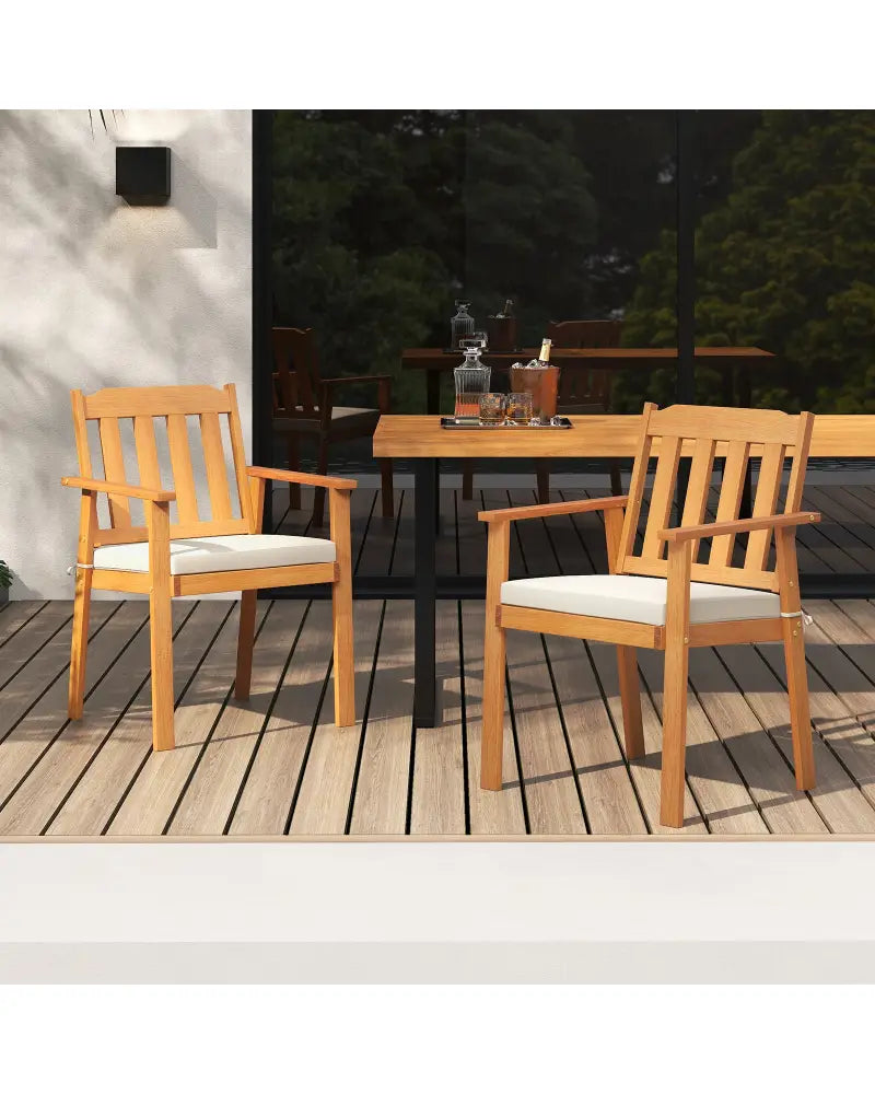 2 Pieces Patio Dining Chairs Outdoor Acacia Wood Chairs-White - White - Patio Dining Chairs