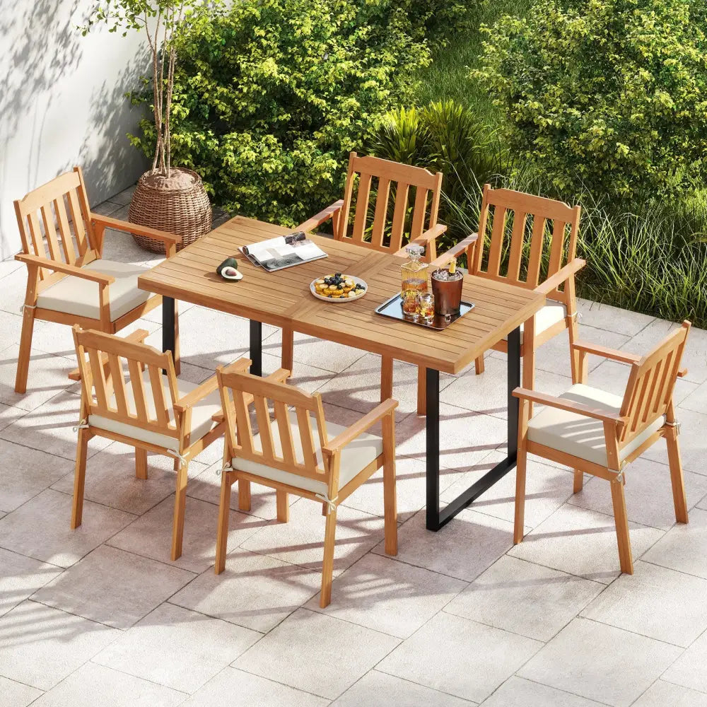 2 Pieces Patio Dining Chairs Outdoor Acacia Wood Chairs-White - White - Patio Dining Chairs