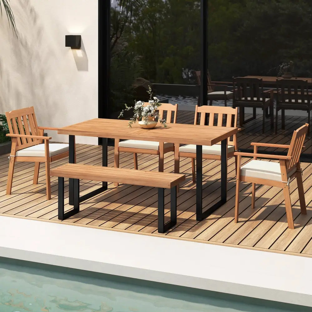 2 Pieces Patio Dining Chairs Outdoor Acacia Wood Chairs-White - White - Patio Dining Chairs