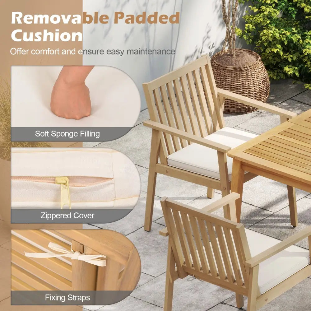 2 Pieces Patio Dining Chairs Outdoor Acacia Wood Chairs with Removable Padded Cushion-Oak - Oak - Patio Dining Chairs