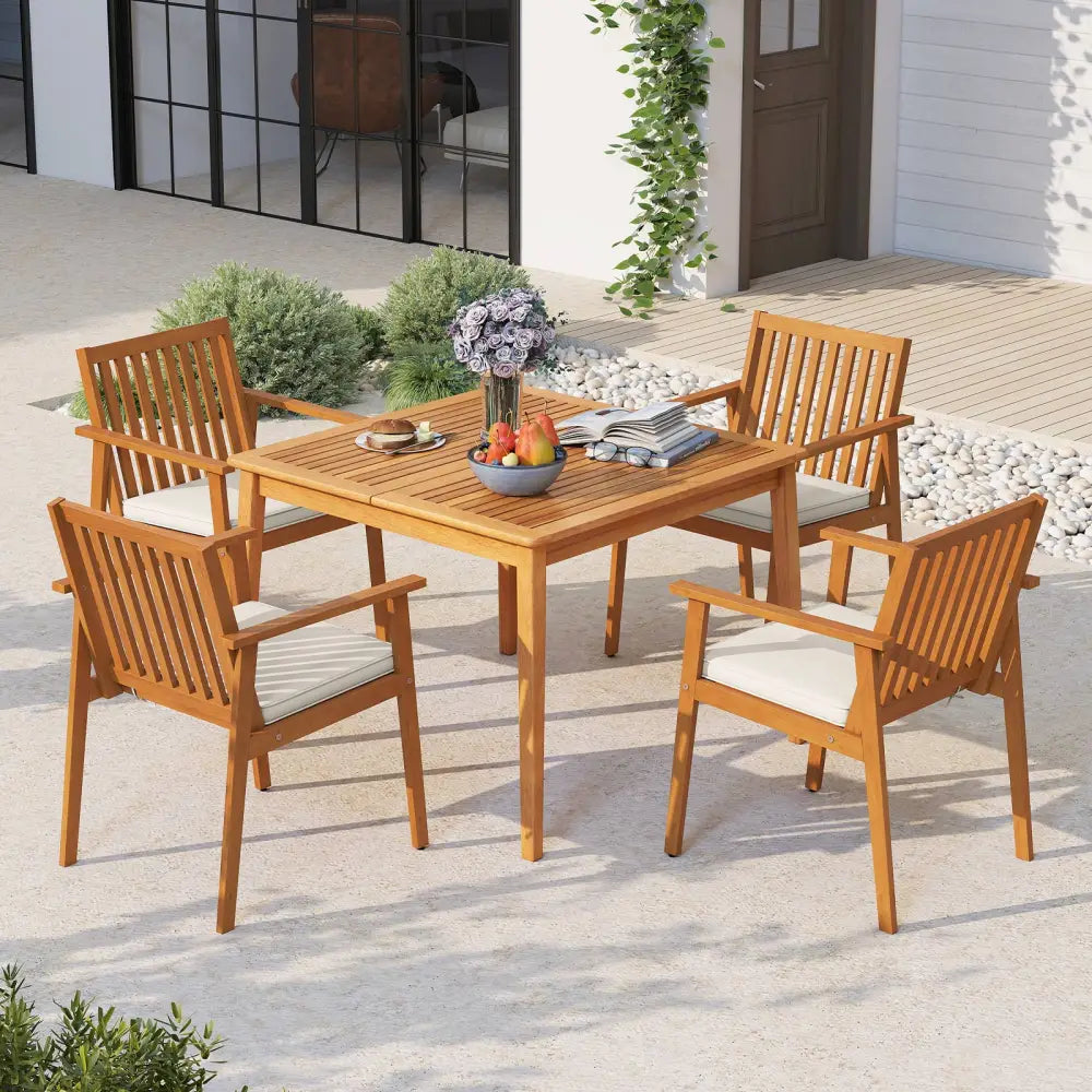 2 Pieces Patio Dining Chairs Outdoor Acacia Wood Chairs with Removable Padded Cushion-Natural - Natural - Patio Dining