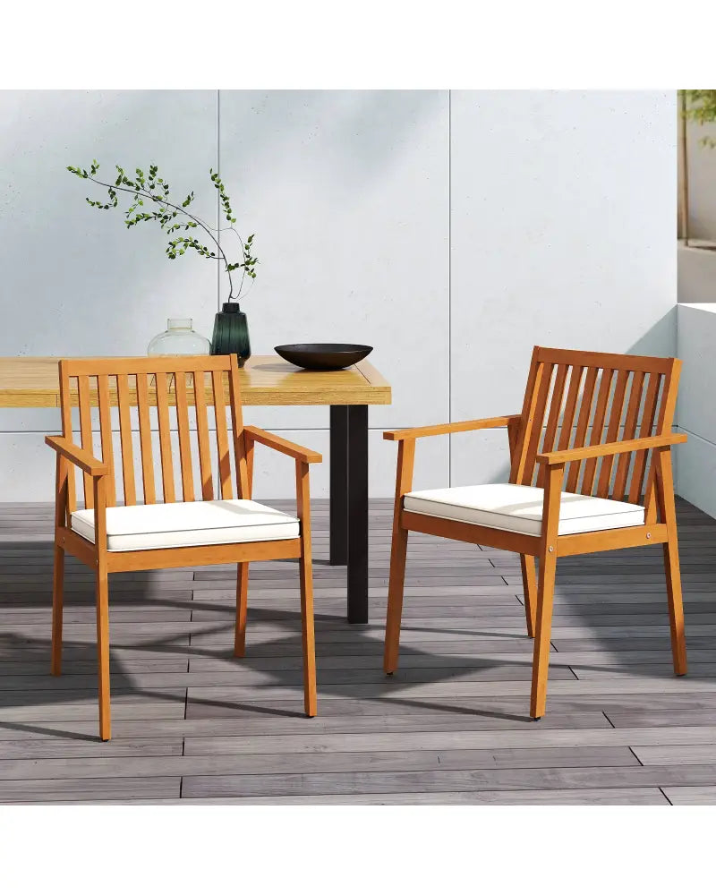 2 Pieces Patio Dining Chairs Outdoor Acacia Wood Chairs with Removable Padded Cushion-Natural - Natural - Patio Dining