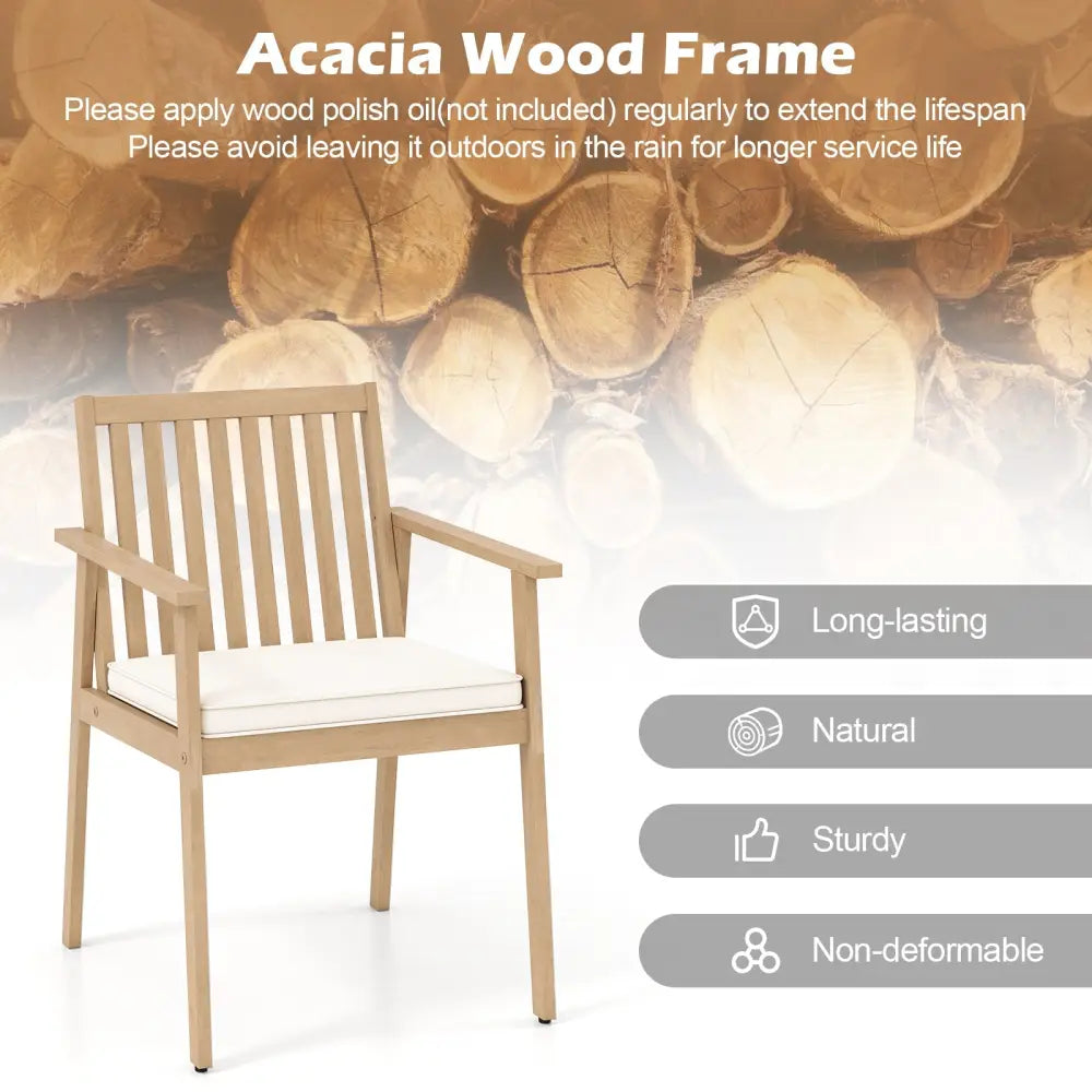 2 Pieces Patio Dining Chairs Outdoor Acacia Wood Chairs with Removable Padded Cushion-Oak - Oak - Patio Dining Chairs