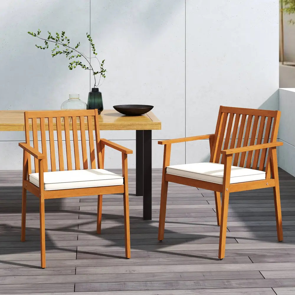2 Pieces Patio Dining Chairs Outdoor Acacia Wood Chairs with Removable Padded Cushion-Natural - Natural - Patio Dining